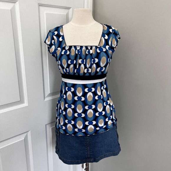 BLUE CIRCLE‎ PRINT BABYDOLL TOP - Picture 1 of 8
